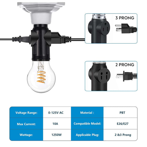 Lamp/Light Bulb Adapter, Black, E26/E27 to 2/3 Prong Plug Splitter for Indoor/Outdoor Use...