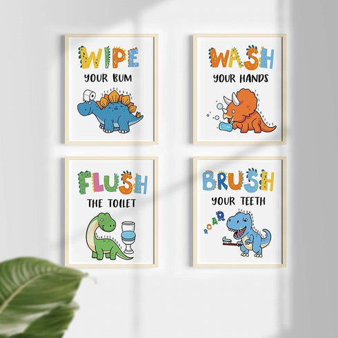 Dinosaur Bathroom Decor, Funny Dinosaur Themed Bathroom Inspirational Quotes Art Print Humorous Quotes Painting, Set of 4 (8”X10”), Unframed...