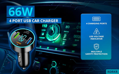 66W Car Charger Cigarette Lighter USB Charger, 4-Port Car Charger, 2 * USB 2.4 +PD+Type C Cigarette Lighter AdapterVoltmeter Compatible with Samsu...