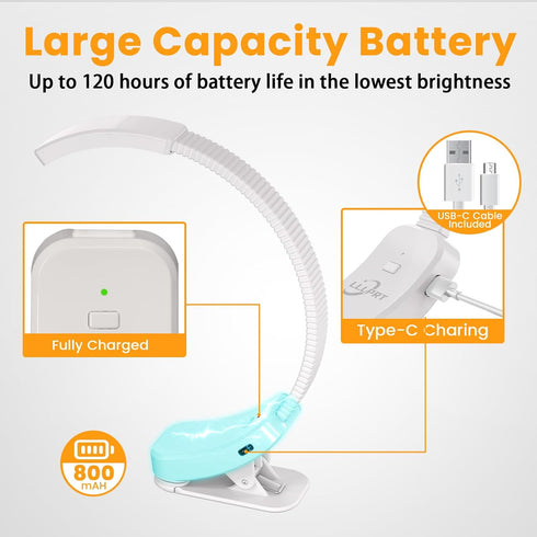Clamp Table Lamp, 10 LEDs USB Rechargeable Clip on Book Light for Bed Reading with 3 Lighting Colors, Stepless Dimming, 120 Hours Runtime, 360° Fl...