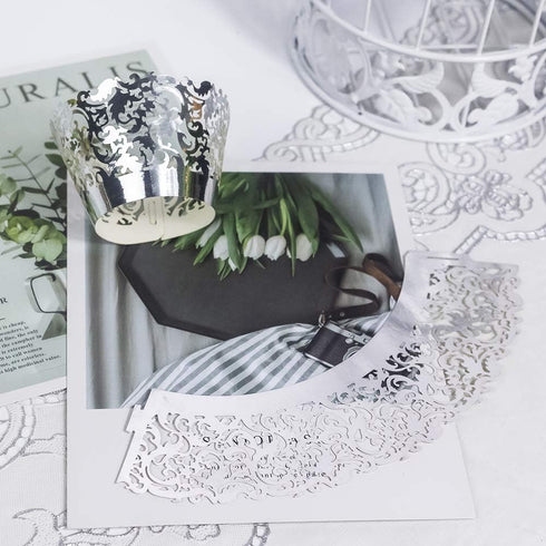 YOZATIA 60 Silver Vine Lace Cupcake Wrapper, Laser Cut Cupcake Liners for Weddings Birthdays Tea Parties and any Special Event- Silver...