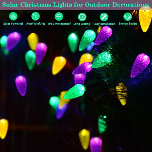 Solar Strawberry String Lights for Halloween Christmas Mardi Gras Decorations, 50 LED C6 8 Modes Solar Christmas Lights for Outdoor Mardi Gras Chr...
