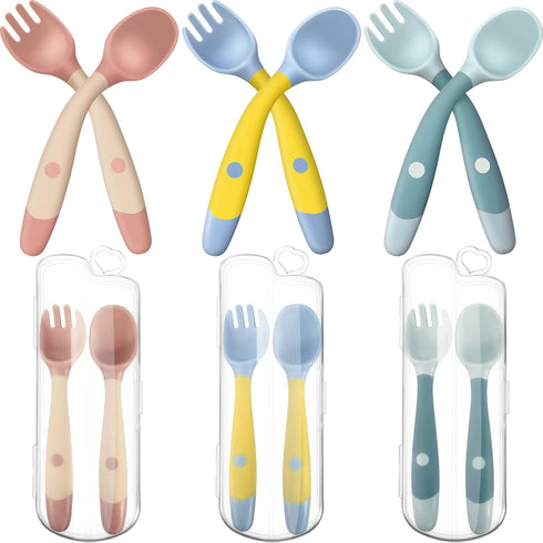Toddler Utensils Baby Spoons and Forks Set with Case Bendable Self Feeding Training Flatware Silicone Spoon Fork for Kids Babies Children Handle T...