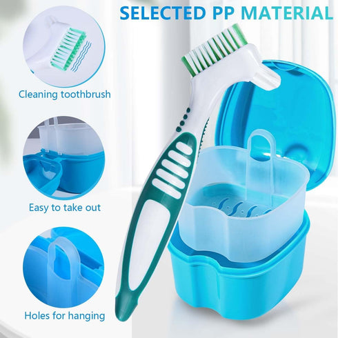 2 Pack Denture Bath Case Cup Box Holder Storage Container with Denture Cleaner Brush Strainer Basket for Travel Cleaning (Light Blue and Blue)...