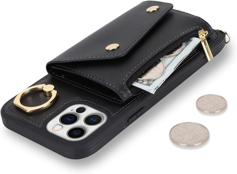 for iPhone 12/12 Pro Case with Card Holder and Strap - Zipper Pocket,Crossbody Lanyard Strap,Credit Card Holder,Stand Ring,Cute Phone Wallet Case ...