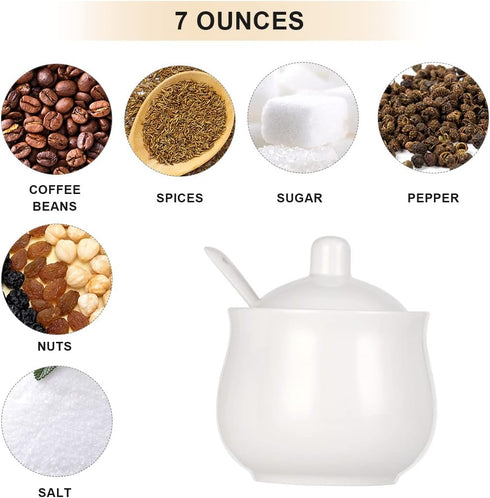 Ceramic Sugar Bowl with Lid and Spoon, White Porcelain Sugar Salt Pepper Storage Jar, 8 Ounces...