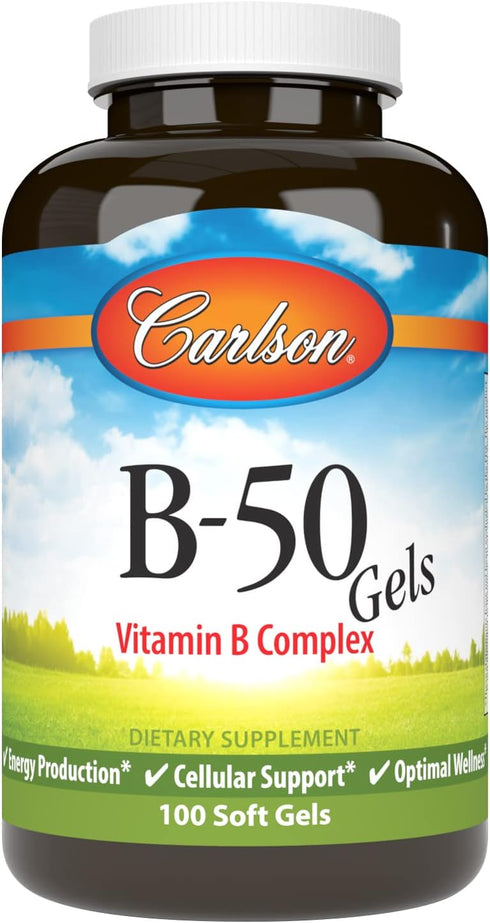 Carlson - B-50 Gels, Vitamin B Complex, Energy Production, Cellular Support & Optimal Wellness, 100 Softgels...