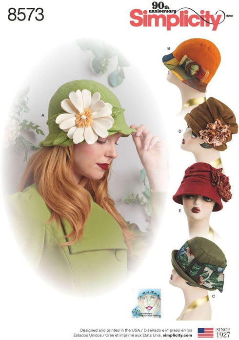 Simplicity US8573A Vintage Fashion Women's Flapper Hats Sewing Patterns By Rebecca Huber, Sizes S, M, and L...