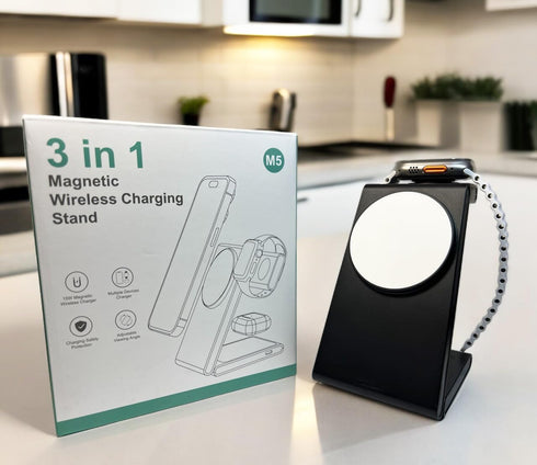 Wireless 3-in-1 Magnetic Charging Station, Qi Certified15W MagSafe-Compatible Wireless Charger Stand, Foldable Charger for iPhone 15/14, AirPods, ...
