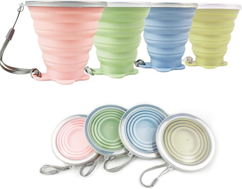 JBER Silicone Collapsible Travel Cup, 4 Pack Silicone Folding Camping Cup with Lids Expandable Drinking Cup for Outdoor Hiking Travel (Olive & Pin...