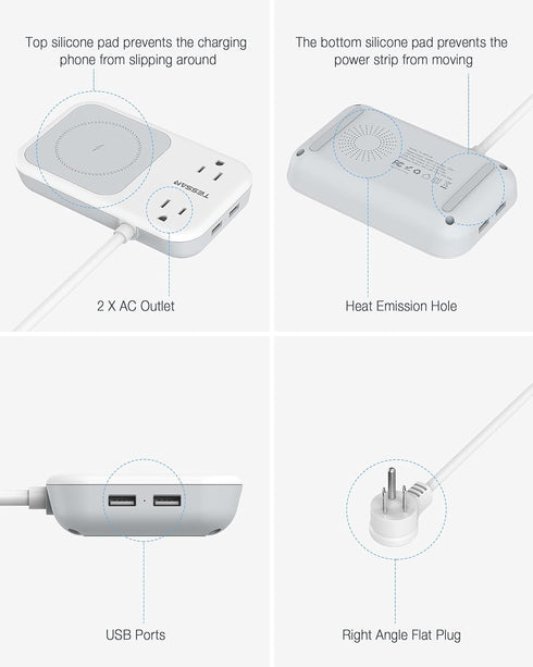 Small Power Strip 2 USB 1 Wireless Charger, TESSAN Mini Flat Plug Nightstand Desktop Charging Station with 2 Outlet 4 ft Extension Cord, Compatibl...