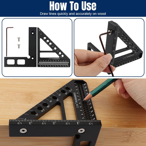 Carpenter Square Hole Position Scribing Ruler, 3D Woodworking Square Multi Angle 22.5-90 Degree Measuring Ruler with Angle Pin Versatile Speed Squ...