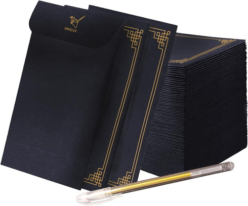 Black Color 250 Small Coin Envelopes with Golden Glitter Pen 2 1/4 x 3 1/2 inches 130 gsm Seed Envelopes for Storage of Keys, Cards, Wage, Stamp C...