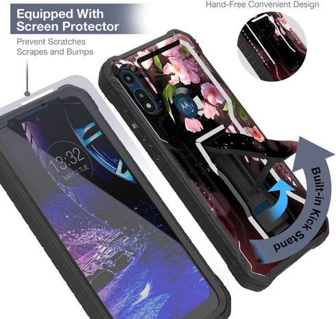 FITO Moto E Phone Case, Dual Layer Shockproof Heavy Duty Case for Moto E 2020 Phone with Screen Protector, Built-in Kickstand (Pink Flowers, Moto ...