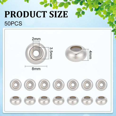 UNICRAFTALE About 50pcs Rondelle Stopper Beads with Rubber Inside Metal Loose Beads 2mm Hole Stainless Steel Bead Spacers for Jewelry Making Findi...