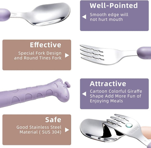 2 Cartoon Toddler Utensil Sets, Kid Spoon and Fork Set, Stainless Steel Toddler Safe Silverware Set for Children Self-Feeding with Travel Carrying...