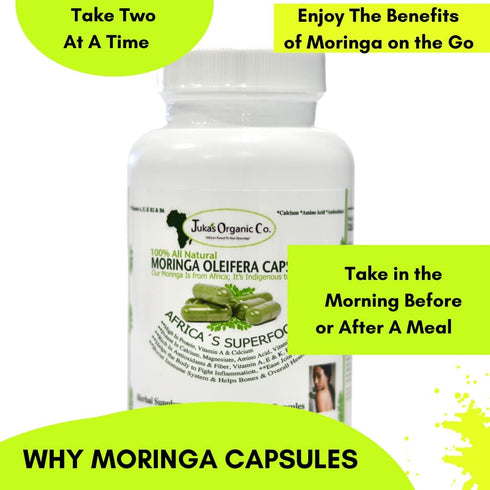 Juka's Organic Co. Moringa Powder Capsules (100% Authentic, Organic, Non GMO, Zero Additives. Rich in Antioxidants & Amino Acids, Indigenous to Af...