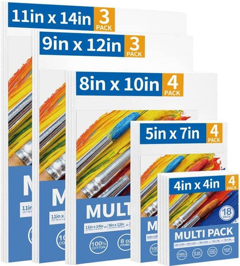 FIXSMITH Canvas Boards for Painting 18 Pack, Multi Pack- 4x4, 5x7, 8x10, 9x12, 11x14 Inches, 100% Cotton Primed Canvas Panels for Acrylic, Oil, Ar...