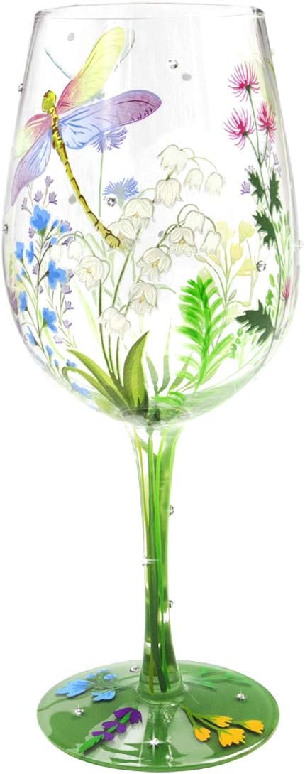NymphFable Hand Painted Wine Glass Colorful Dragonfly Flower Artisan Painted 15 oz Glass Novelty Gift for Birthdays,Weddings,Valentine's Day...