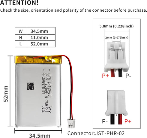 EEMB Lithium Polymer Battery 3.7V 1800mAh 103450 Lipo Rechargeable Battery Pack with 2 Wires JST 2.0mm Connector for Speaker and Wireless Device- ...
