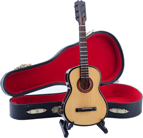 Dselvgvu Wooden Miniature Guitar with Stand and Case Mini Musical Instrument Miniature Dollhouse Model Home Decoration (6.51"x2.28"x0.89")...