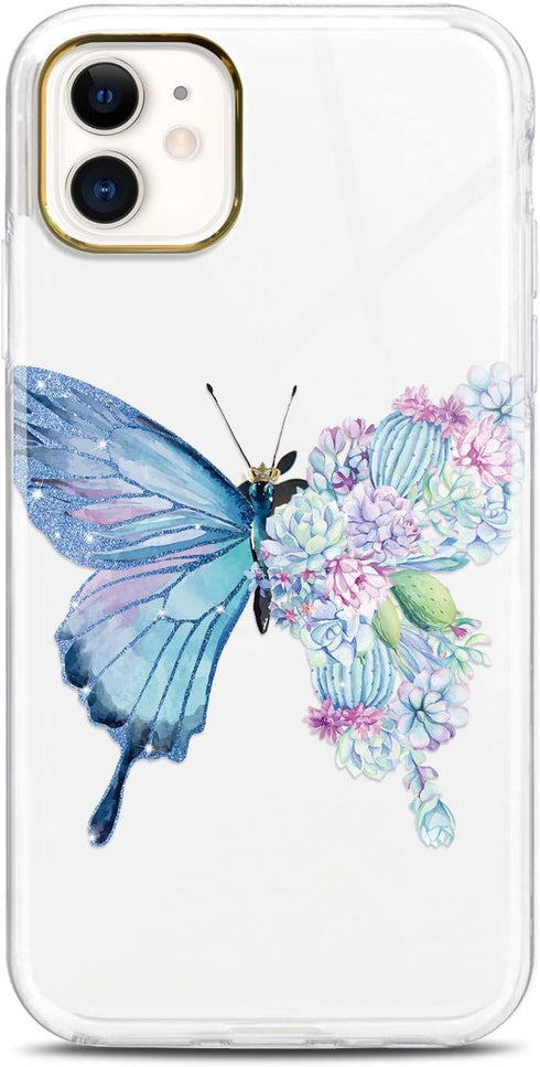 JAHOLAN Compatible with iPhone 11 Case Purple Glitter Sparkle Butterfly Design Clear Shockproof TPU Hard PC Back Cover Slim Protective Phone Case ...