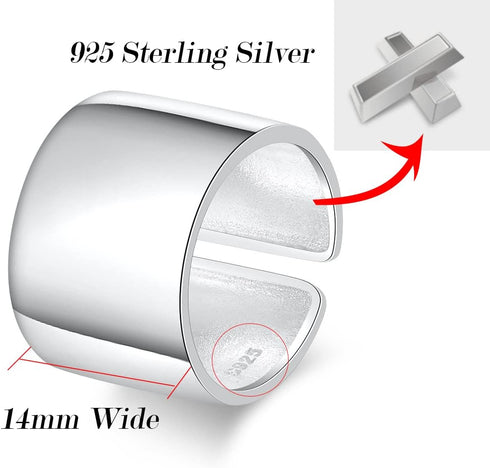 14mm Wide 925 Sterling Silver Plain Big Adjustable Open Finger Ring Cuff Thumb Ring Band Fits US Size 5-7...