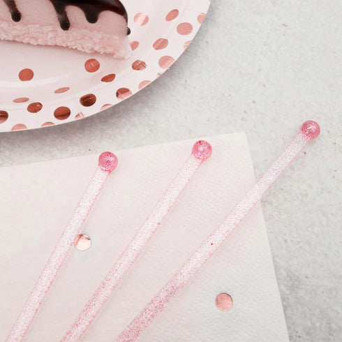 100-PCS Pink Glitter Plastic Swizzle Sticks, Crystal Cake Pops, Cocktail Coffee Drink Stirrers, Lolipop Stick for Valentines Day Christmas Party, ...