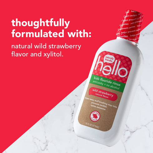 Hello Kids Wild Strawberry Natural Flavor Anticavity Fluoride Rinse - Vegan, Alcohol Free, and SLS Free Mouthwash for Children Age 2 and Up - 16 O...