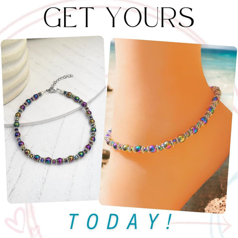 Rainbow Anklet Bracelet Hue Twisted Hematite and Round Artisan Beaded Anklet with Extension Handmade Hypoallergenic Beach Gala Wedding Style Jewel...
