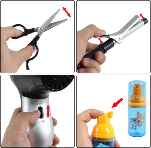 deAO Stylist Hairdresser Barber Salon Role Play Set with Hairdryer, Curling Iron, Belt and Styling Accessories Included – Great Pretend Play Set f...