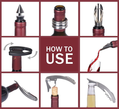 Tirrinia Wine Accessories Gift Set - Wine Bottle Corkscrew Opener Kit, Drip Ring, Foil Cutter and Wine Pourer and Stopper in Novelty Bottle-Shaped...