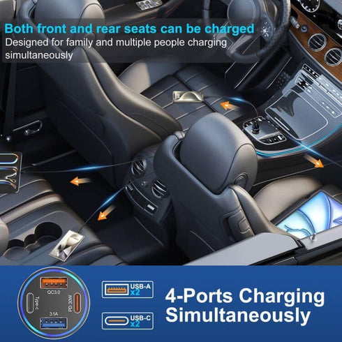 65W 4-Port USB C Car Charger Fast Charging,iPhone 15/15 Pro Max Car Charger Adapter,PD&QC3.0 Super Fast Type C Car Charger with 6FT USB C to C Cab...
