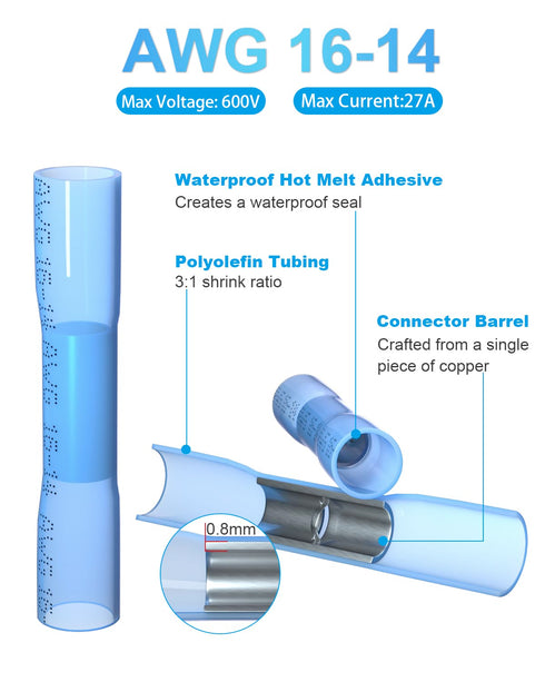 Heat Shrink Butt Wire Connectors - 60Pcs 16-14 AWG Blue Insulated Waterproof Electrical Wire Connectors, Marine Grade Insulated Crimp Wire Connect...