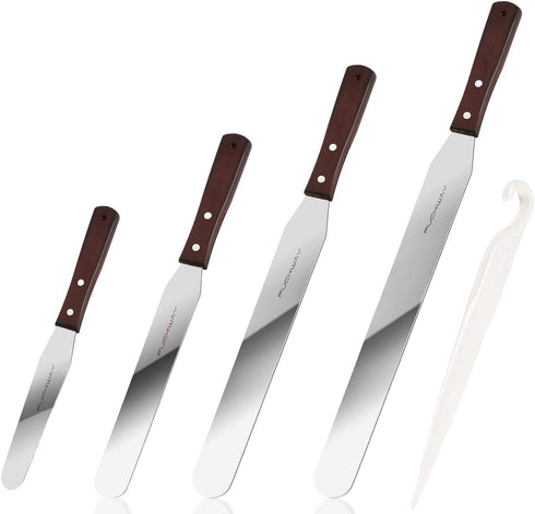 4PCS Cake Decorating Icing Spatula set with 4, 6, 8 & 10 Inch Stainless Steel Blade, Wood Handle Frosting Spatulas and Cake Stripping Tool (Straig...