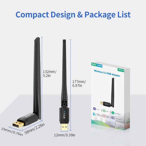 Long Range Bluetooth 5.3 USB Adapter for PC, 492FT, Plug and Play Wireless Transmitter Dongle for Windows 11/10/8.1/7, Pair W/Bluetooth Headset He...