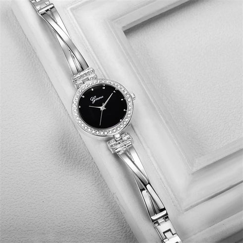 CdyBox Women Crystal Watch with 3 Bracelets Set Quartz Wrist Watches Bangle Jewelry 4pcs/Set for Ladies (Silver)...