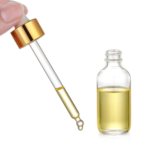 AOZITA Set of 4, 2 oz Golden Cap Clear Dropper Bottles (60ml) with 1 Funnel & 4 Labels - Glass Tincture Bottles for Essential Oils with Eye Droppe...