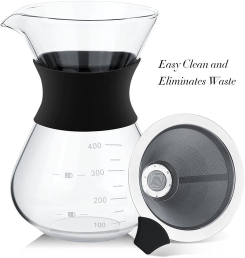 Zopsc 400ml Manual Hand Drip Glass Coffee Maker Pot with Stainless Steel Filter, Tick Marks, Fine Mesh, Suitable for Kitchen, Dining Table, Easy t...
