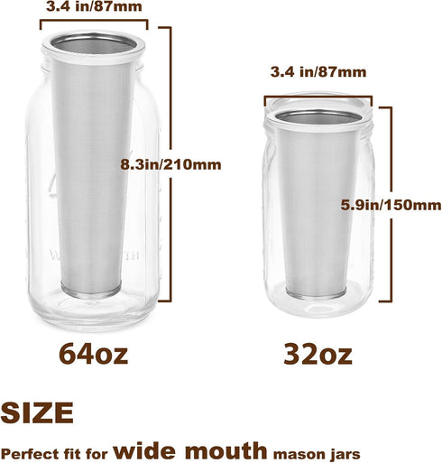 Cold Brew Coffee Filter for 64 OZ Wide Mouth Mason Jar, 304 Stainless Steel Strainer with Seal Ring for Iced Drinks, Sun Tea Infuser and Cold Brew...