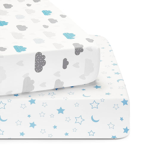 TILLYOU Baby Crib Sheets for Boys Girls, Super Soft Toddler Bed Sheets, 2 Pack Sheets for Standard Crib Mattress 28x52in, Blue Clouds and Stars...