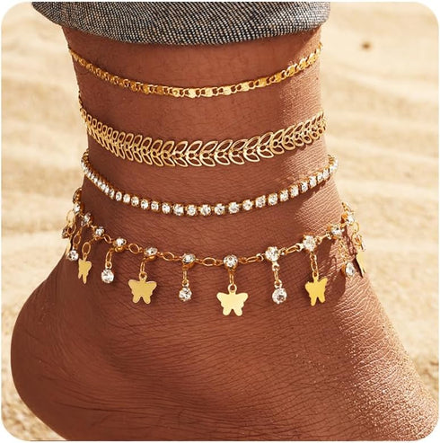 KISS WIFE Gold Anklets for Women, 14k Gold Plated Layered Cuban Figaro Link Chain Ankle Bracelets Set, Dainty Waterproof Summer Beach Foot Jewelry...