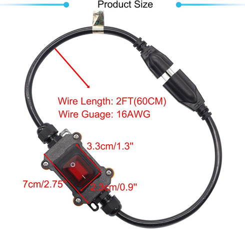 IP67 Waterproof Outdoor 3 Prong Extension Cord with Inline Switch On/Off 16A/250V 20A/125V AC 16AWG 2FT Outlets Power Cords Heavy Duty Red LED Lig...