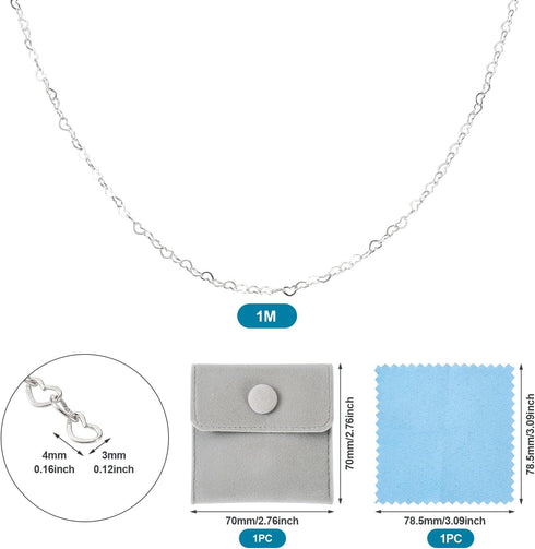 Pandahall 1M 925 Sterling Silver Heart Chains 3x4x0.5mm Soldered Silver Jewelry Chains Heart Shaped Link Chains for Permanent Jewelry Making with ...
