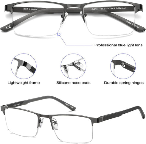 EYECEDAR Blue Light Blocking Reading Glasses for Men, Metal Half Frame Spring Hinges Anti-Glare Eyestrain 5 Pack Computer Eyeglasses Readers 1.75...