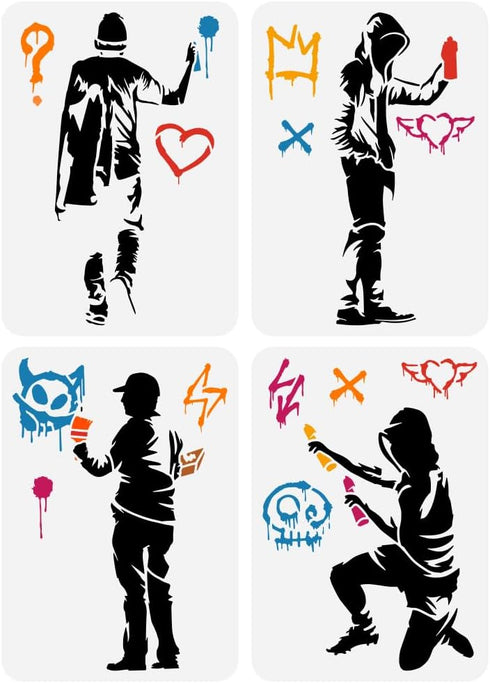 FINGERINSPIRE 4PCS Banksy Man with Doodel in Hat Painting Stencils 8.3x11.7inch Reusable Man with Doodle in Hat Stencils for Painting Large Street...
