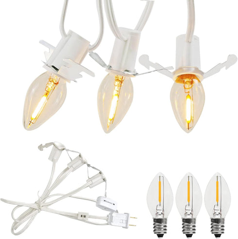 LED Accessory Cord with 3 LED Night Light Bulbs - White Cord with On/Off Switch Plugs - C7 led Bulb Warm White with Spare Fuse for Holiday Decorat...