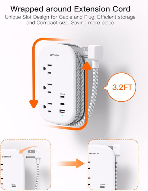 BESHON Flat Plug Power Strip, 3 Outlets with 3 USB Ports(2 USB C), Ultra Flat 3.2ft Wrapped Around Extension Cord for Cruise Ship, Travel, Dorm Ro...