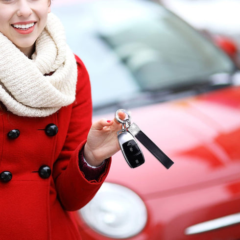 Wisdompro Genuine Leather Car Keychain, Bling Key FOB Holder Keychains for Women Girls with Crystal Rhinestones and 2 Keyrings - Black...