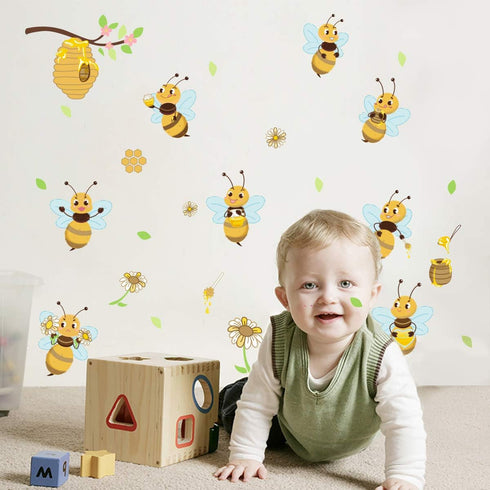 Yellow Bee Wall Stickers Flower Beehive Branch Wall Decals Art Decor for Kids Bedroom Nursery Playroom...